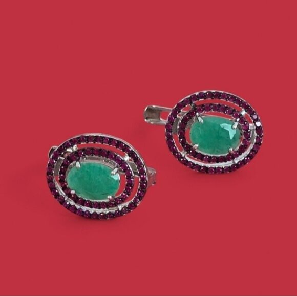 925 Sterling Silver Earrings 11x13mm with Natural Emerald & Ruby Gemstone - Picture 1 of 2